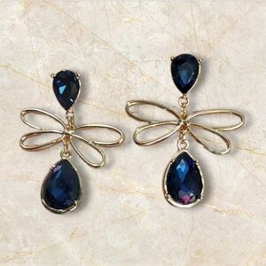 NWT NADINE WEST Gold Dragonfly Sapphire Teardrop Rhinestone Earrings ~2"